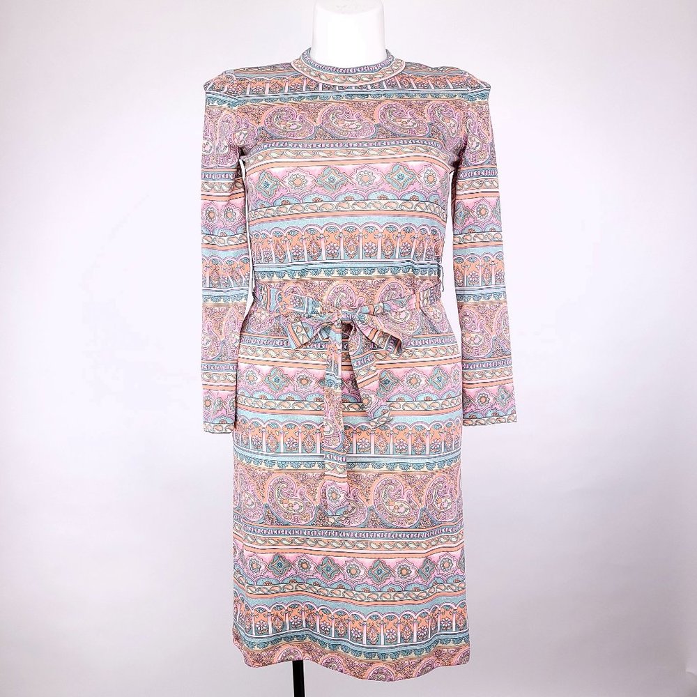 Carillon New York Vintage Paisley Floral Print Belted Sheath Dress‎ Pink Blue 10